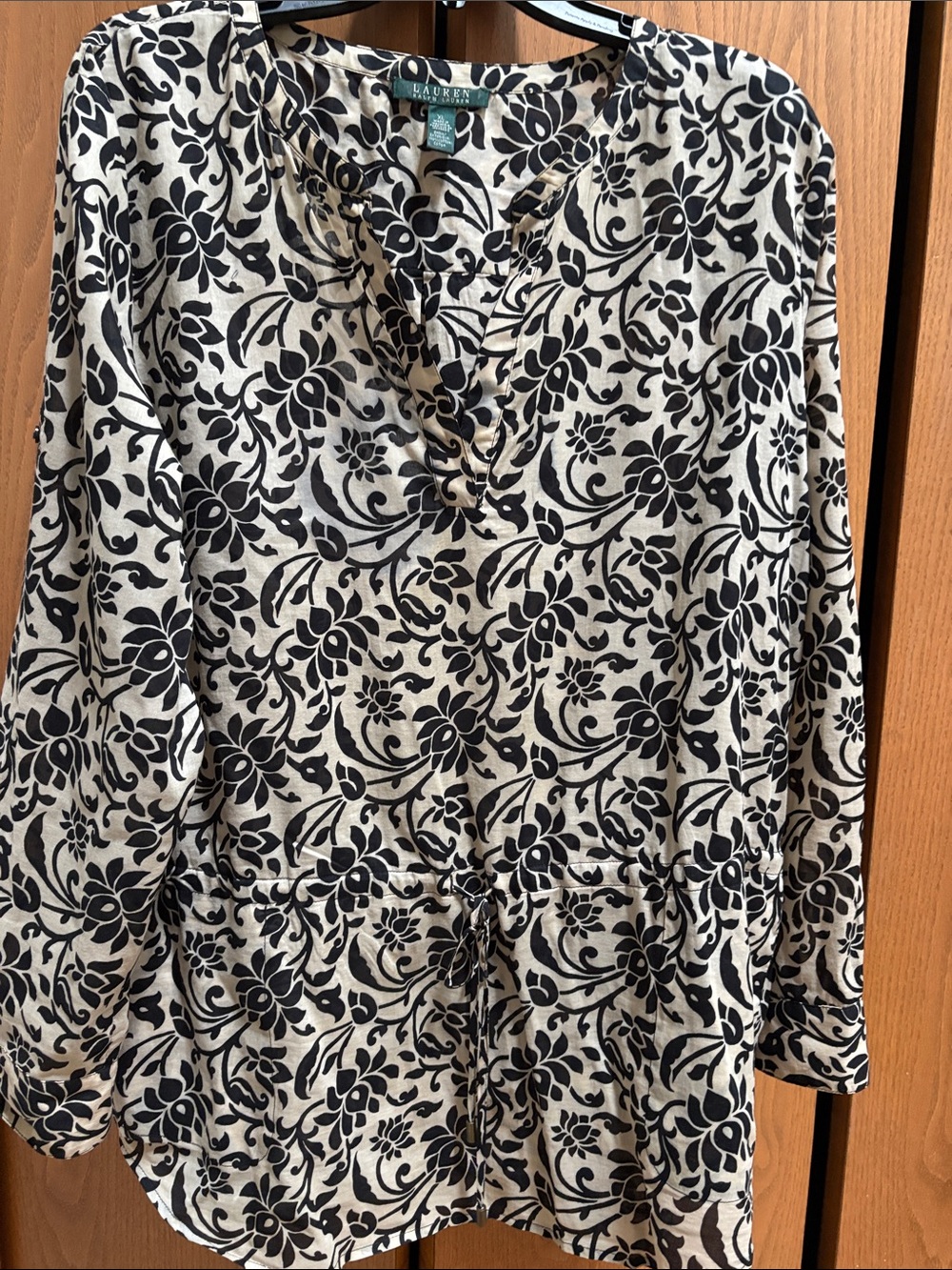 Lauren Ralph Lauren Black & Cream Floral Drawstring top